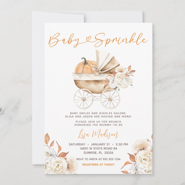 Invitación Espoleta de calabaza Stroller Floral Bebé Sprinkle (Anverso)