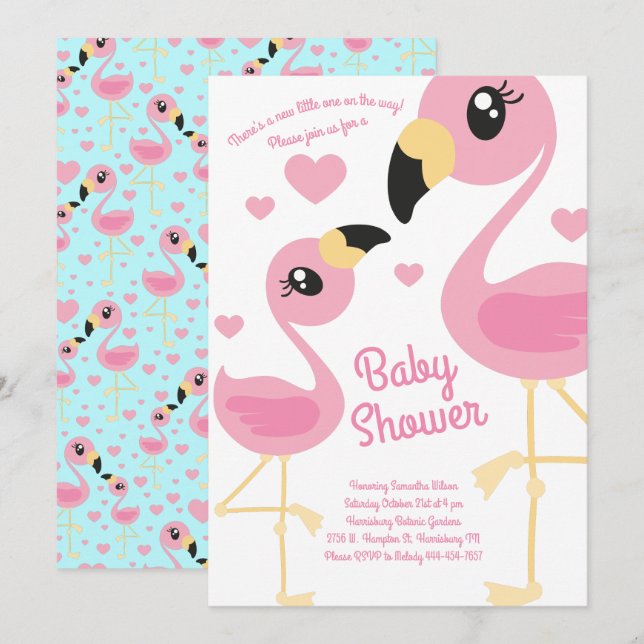 Invitación Espoleta de playa tropical de Baby Shower Flamingo (Anverso / Reverso)