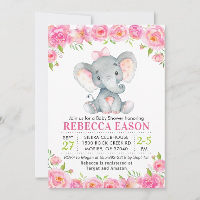 Invitación Espoleta elefante rosa Floral bebé niña ducha roci (Anverso)