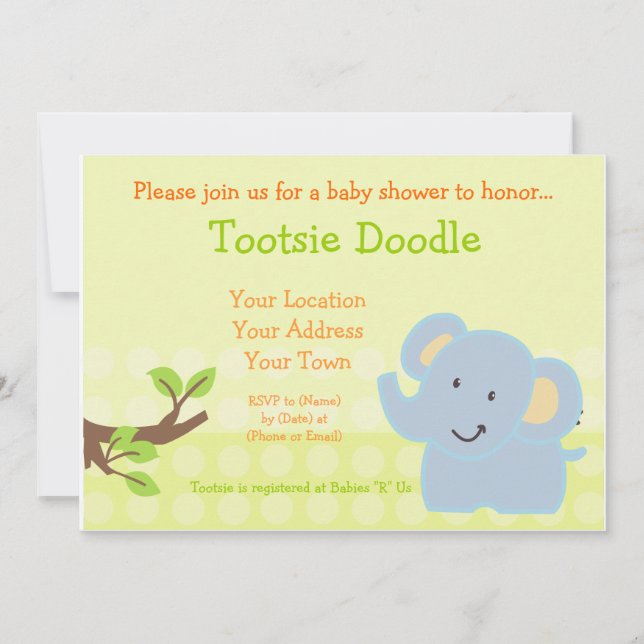 Invitación Espolvorea Baby Shower elefante azul bebé (Anverso)