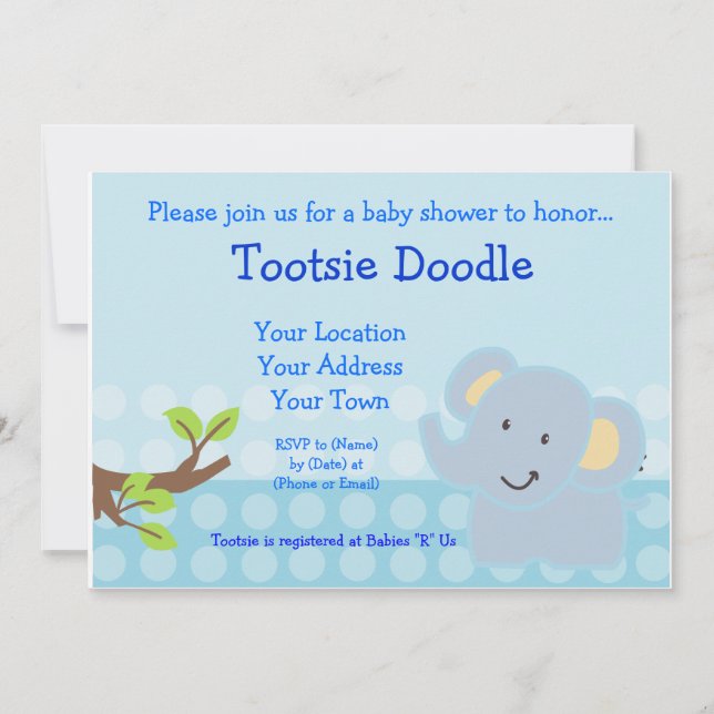 Invitación Espolvorea Baby Shower elefante azul bebé (Anverso)