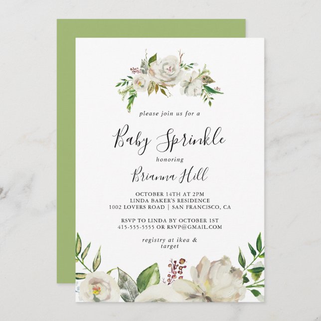 Invitación Espolvorea de bebé floral Peony en invierno blanco (Anverso / Reverso)