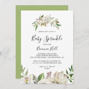 Invitación Espolvorea de bebé floral Peony en invierno blanco