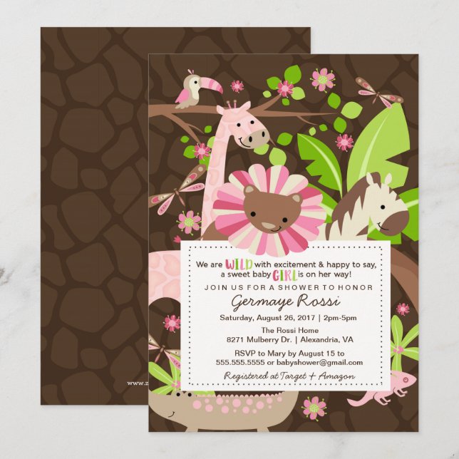 Invitación Espolvorea o espolvorea niña de la selva Safari ro (Anverso / Reverso)