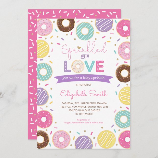 Invitación Espolvoreado con amor | Donut Baby Shower (Anverso / Reverso)