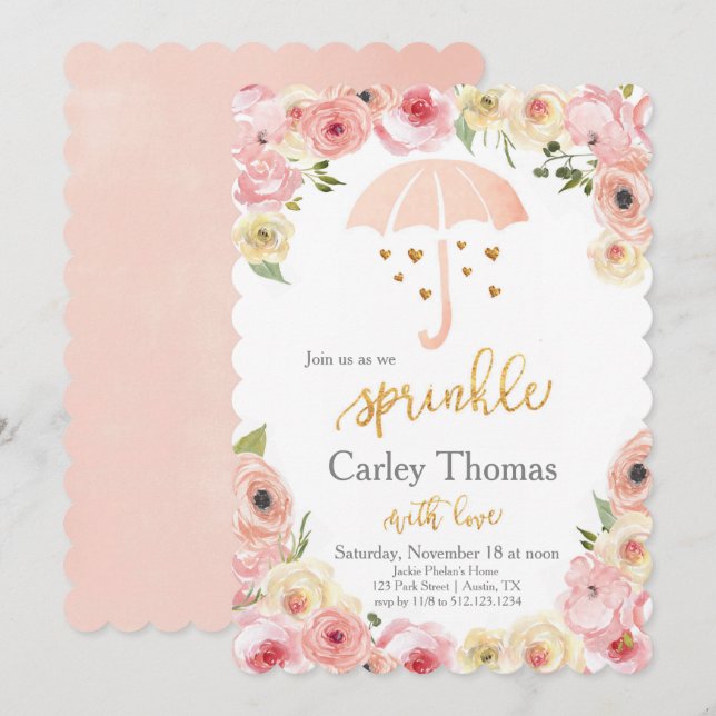 Invitación Espolvorear Baby Shower Pastel Floral Gold Glam (Anverso / Reverso)
