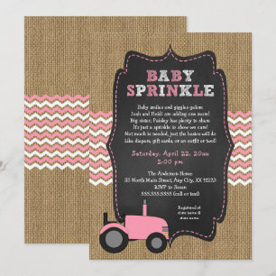 Invitación Espolvorín de bebé de tractores rosados rusticos