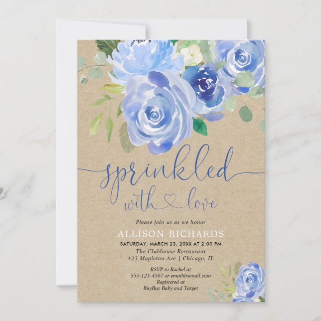 Invitación Espolvorín de bebé floral azul ruidoso (Anverso)