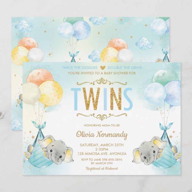 Invitación Espolvorín de elefante Baby Shower para niños geme (Anverso / Reverso)