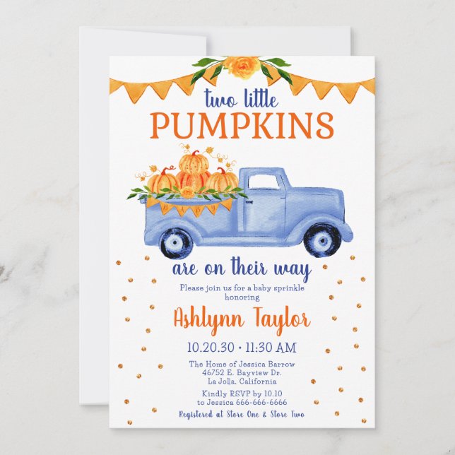 Invitación Espolvorín de niño gemelo de calabaza (Anverso)