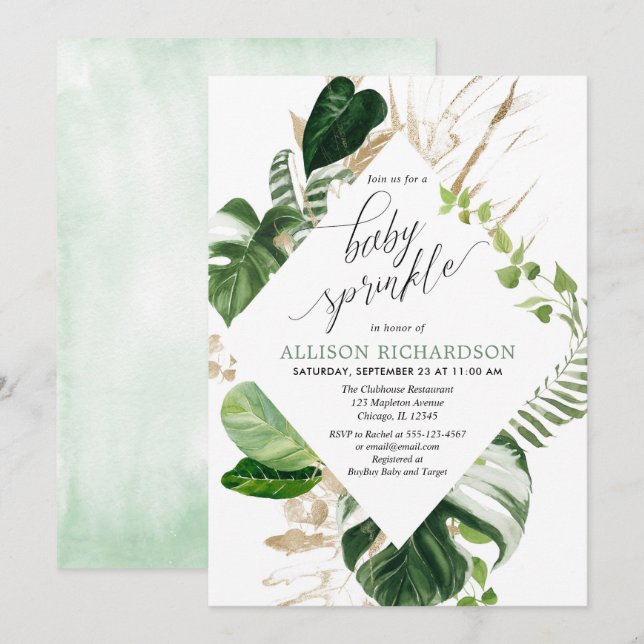 Invitación Espolvorín de oro verde tropical neutro en género (Anverso / Reverso)