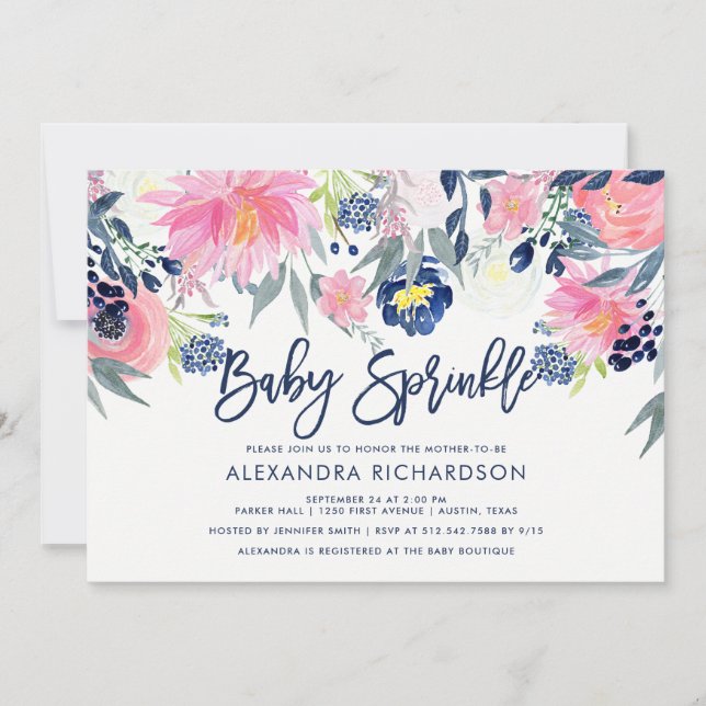 Invitación Espolvorín floral moderno de Rubor y marina (Anverso)