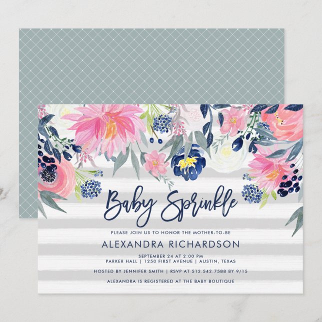 Invitación Espolvorín floral moderno de Rubor y marina (Anverso / Reverso)