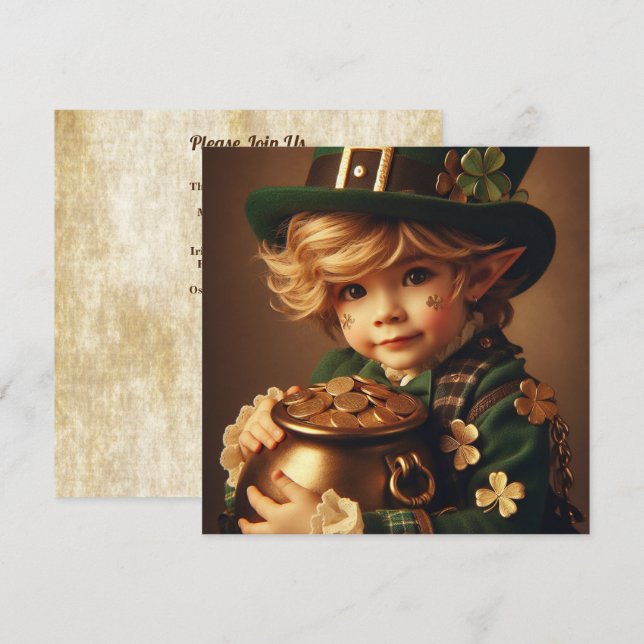 Invitación Esposa de oro para niño Leprechaun de San Patrick (Anverso / Reverso)