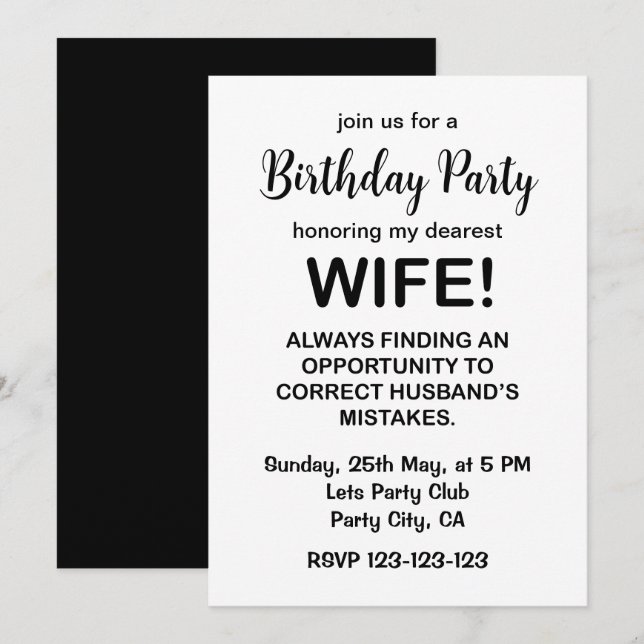 Invitación Esposa Tipografía Divertida Cumpleaños Esposa (Anverso / Reverso)
