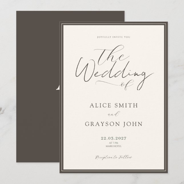 Invitación Espresso Beige Script Classic Minimalist Wedding  (Anverso / Reverso)