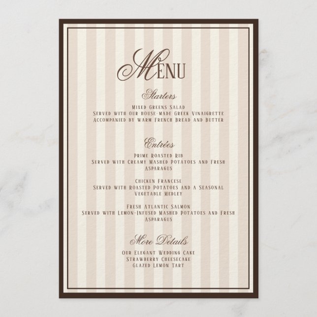 Invitación Espresso Cappuccino Striped Wedding Menu  Card (Anverso)