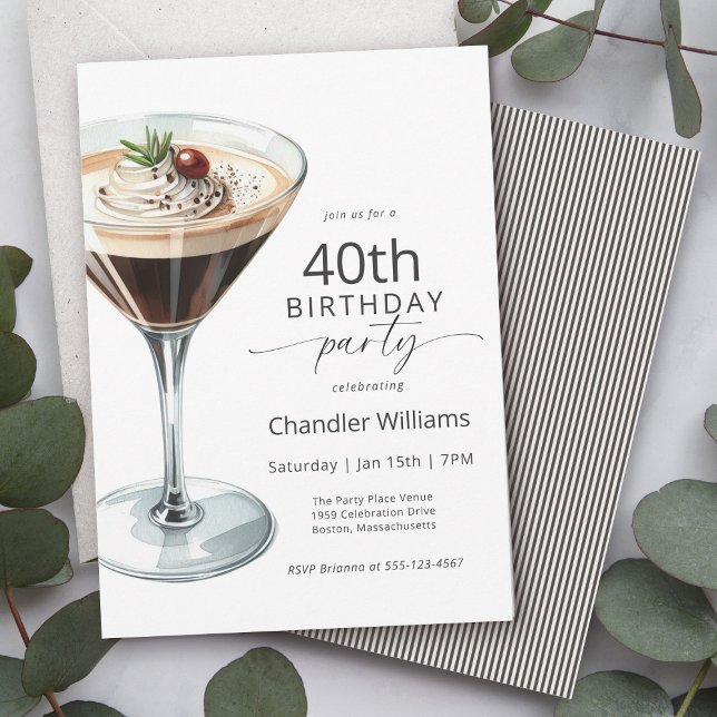 Invitación Espresso Martini Cocktail 40th Birthday Fiesta (Available in printed and paperless digital download formats.)