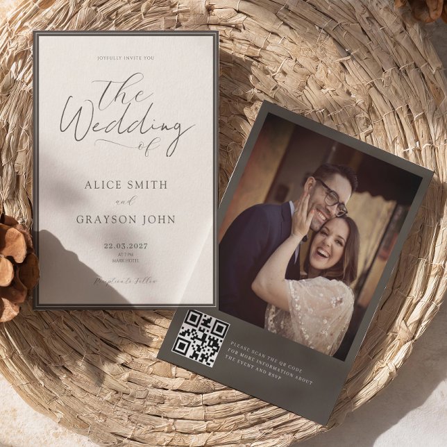 Invitación Espresso Photo Back QR Classic Minimalist Wedding  (Subido por el creador)