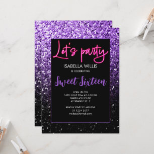 Invitación Espuelas negras moradas Sweet 16 neon let fiesta