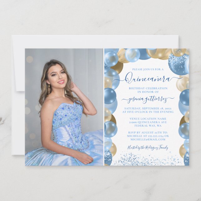 Invitación Espuma azul de oro en globo Quinceañera Foto Invit (Anverso)
