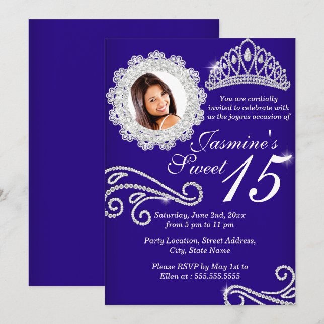 Invitación Espuma azul real Diamond Tiara Foto Quinceanera (Anverso / Reverso)