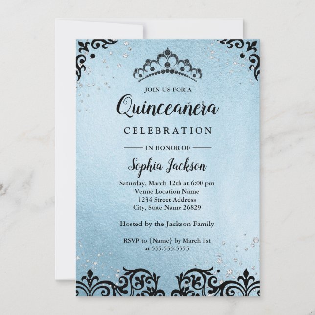 Invitación Espuma azul Tiara Damask Quinceanera (Anverso)