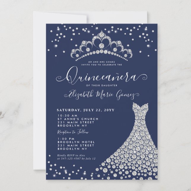 Invitación Espuma de diamante azul de la marina Tiara Gown Qu (Anverso)