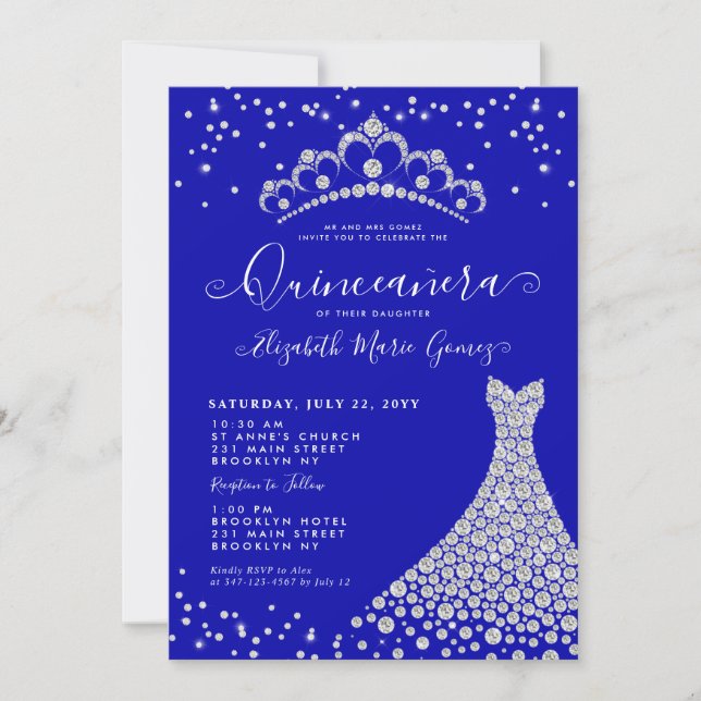 Invitación Espuma de diamante azul real Tiara Gown Quinceaner (Anverso)