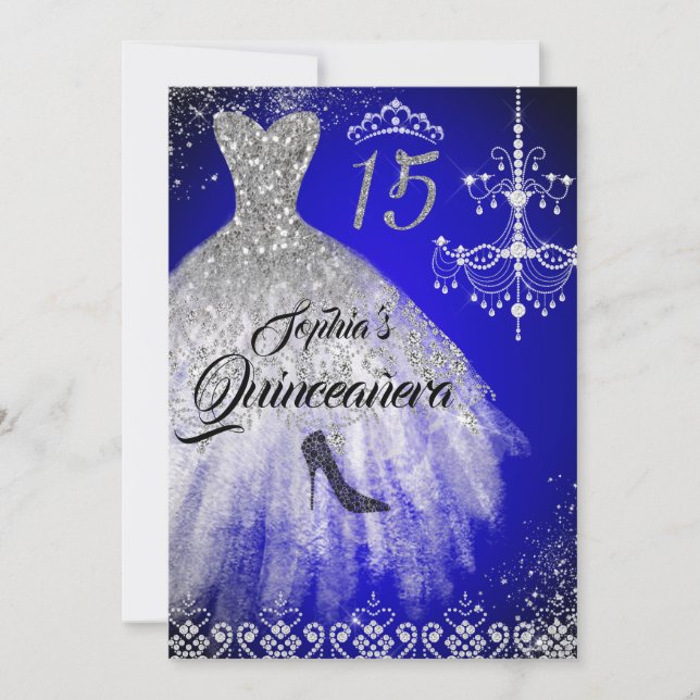 Invitación Espuma de Diamante Vestido Plata Azul Quinceanera (Anverso)