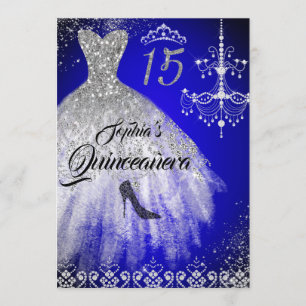 Invitación Espuma de Diamante Vestido Plata Azul Quinceanera