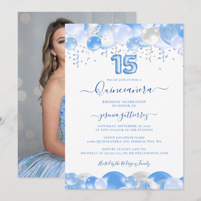 Invitación Espuma de globo azul en Quinceañera Foto (Anverso / Reverso)