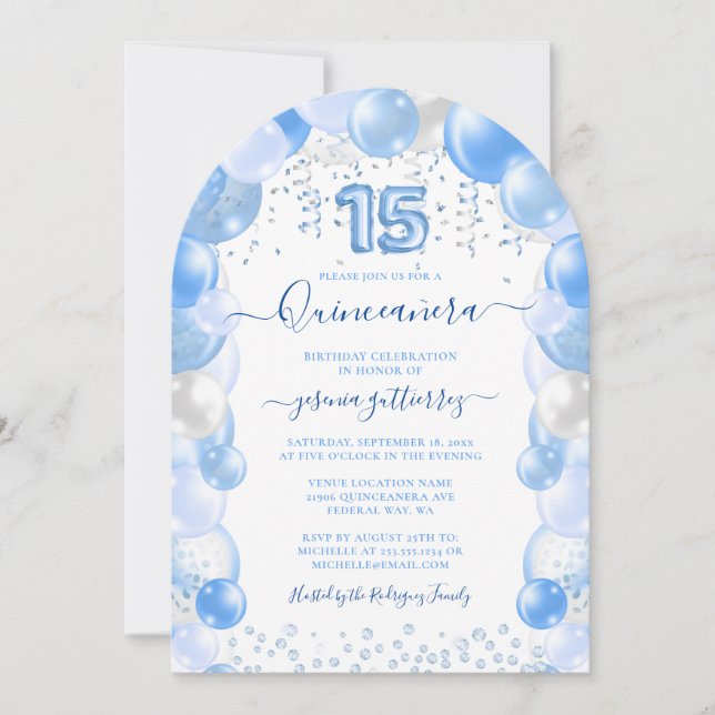 Invitación Espuma de globo azul Quinceañera (Anverso)