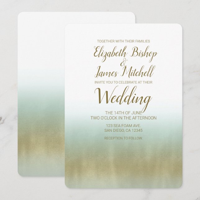 Invitación Espuma de Mar Oro Blanco Elegante Playa Boda Moder (Anverso / Reverso)