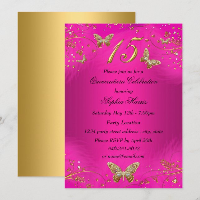 Invitación Espuma de mariposa de oro y rosa caliente Quincean (Anverso / Reverso)
