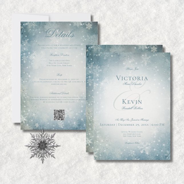 Invitación Espuma de nieve azul y blanca a dos lados (Falling Snow Blue & White Sparkle All In One Invitation)
