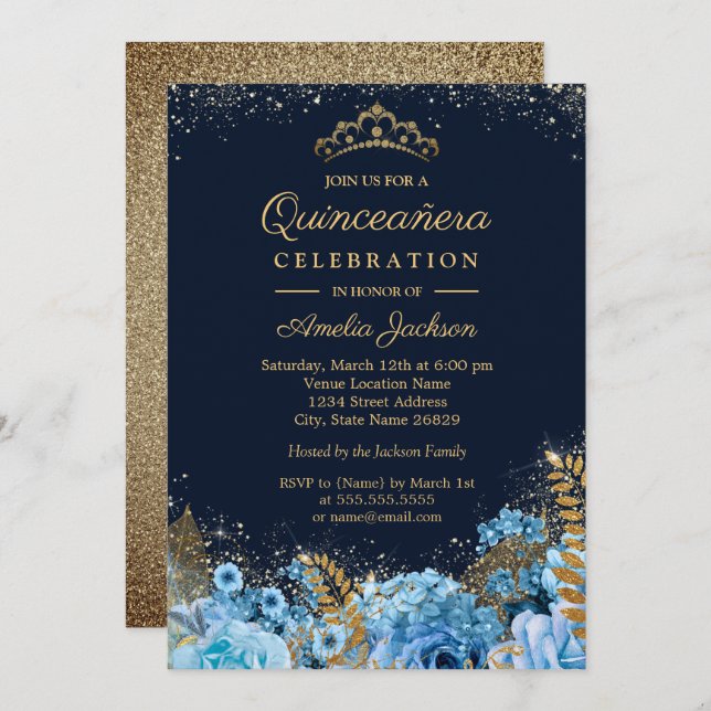 Invitación Espuma de oro Azul Purpurina floral Quinceanera 15 (Anverso / Reverso)