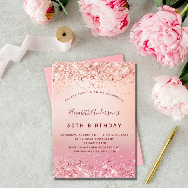 Invitación Espuma de purpurina rosado rosa de fiesta de cumpl (Subido por el creador)