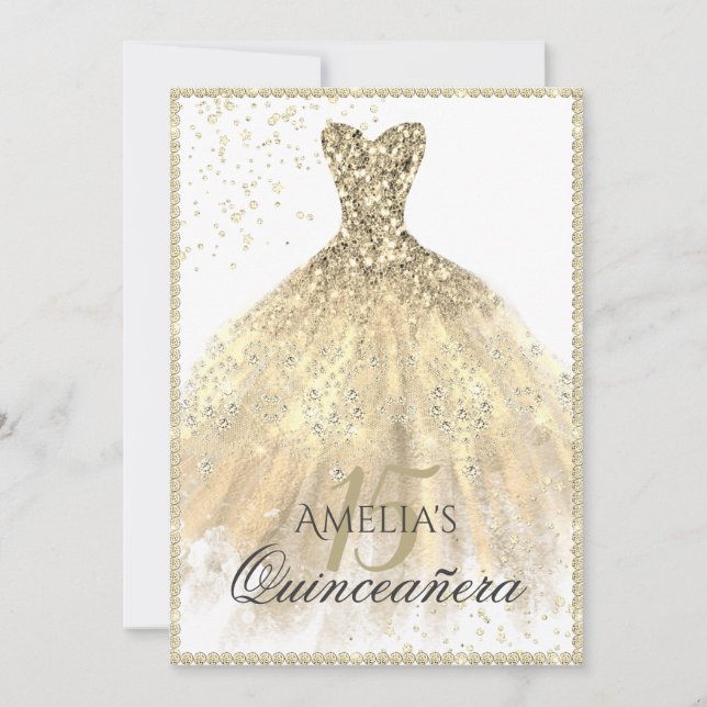 Invitación Espuma De Vestido De Oro 15.ª Quinceanera (Anverso)