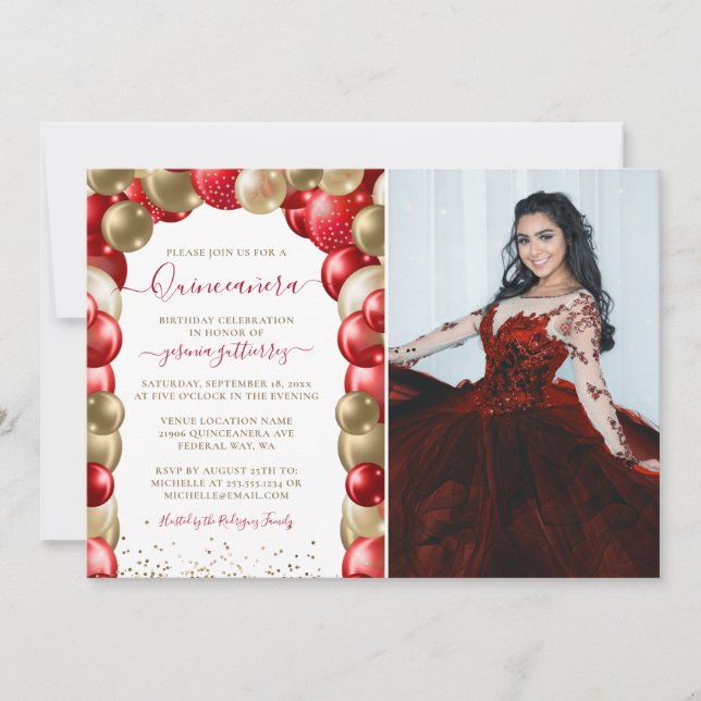 Invitación Espuma dorada roja  de globo Quinceañera (Anverso)