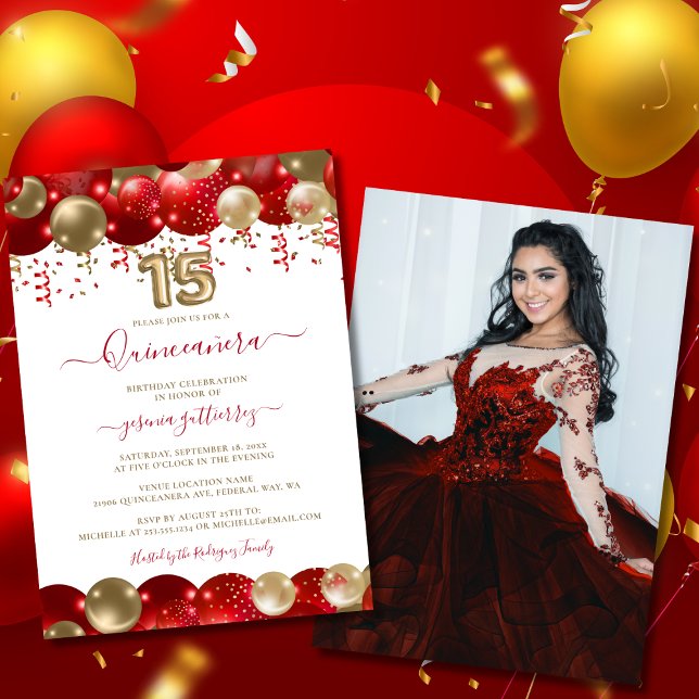 Invitación Espuma dorada roja, fotografía de globo Quinceañer (Red Gold Sparkle Quinceañera Balloon Photo Invitation)