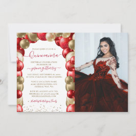Invitación Espuma dorada roja, fotografía de globo Quinceañer