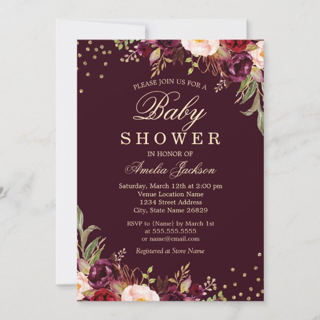 Invitación Espuma floral de Baby Shower Gold Burgundy (Anverso)