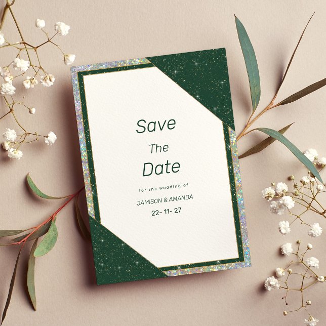 Invitación Espuma geométrica de oro verde oscuro Save The Dat (Geometric dark green gold sparkle Save The Date)