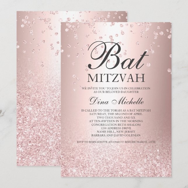 Invitación Espuma metálica rosa purpurina de oro Bat Mitzvah (Anverso / Reverso)