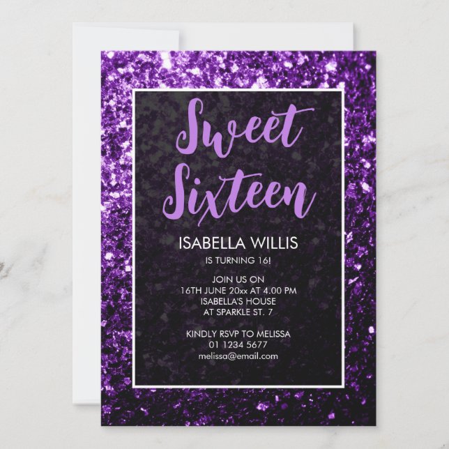 Invitación Espuma morada oscura Sweet 16 guión elegante (Anverso)