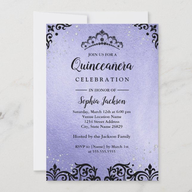 Invitación Espuma morada Tiara Damask Quinceanera (Anverso)