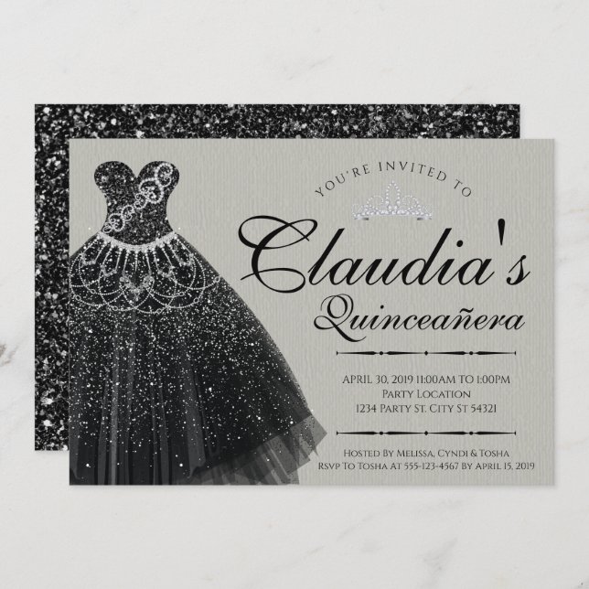 Invitación Espuma negra, vestido de quinceañera (Anverso / Reverso)