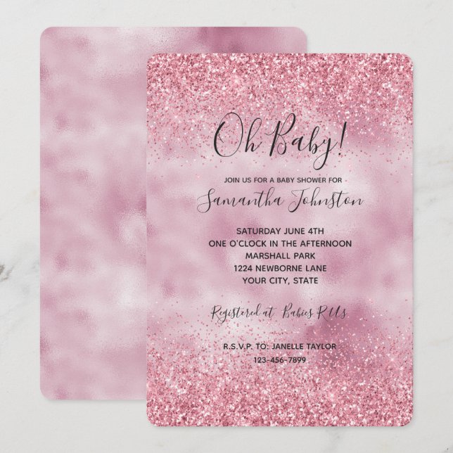 Invitación Espuma Purpurina de Glam Rosa Girly (Anverso / Reverso)