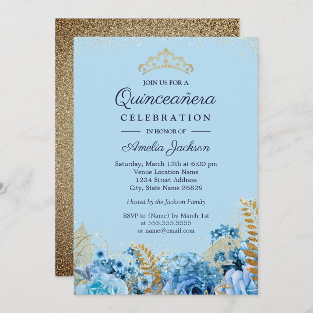 Invitación Espuma Purpurina de oro azul floral Quinceanera 15 (Anverso / Reverso)